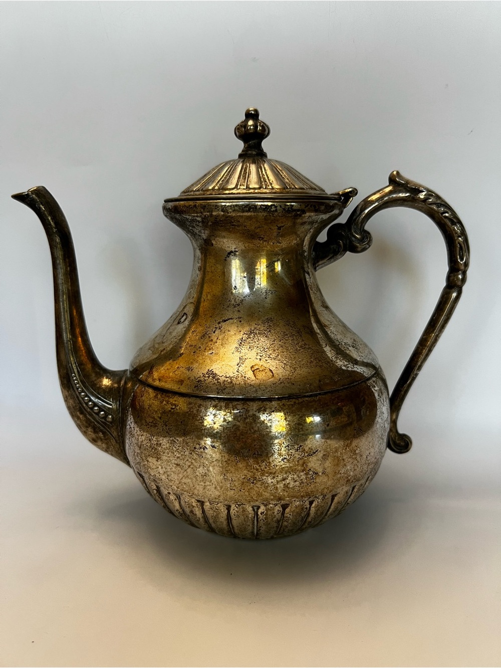 Vintage Silver On Copper "S" Tea Pot With Patina 8 1/2” Tall